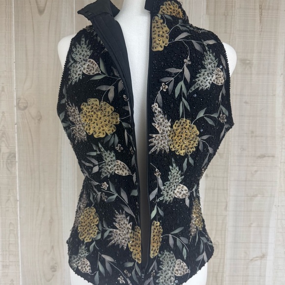90’s J KARA Beaded Flower High Neck Top Black Elegant Evening Chic Sleeveless L - Picture 4 of 14